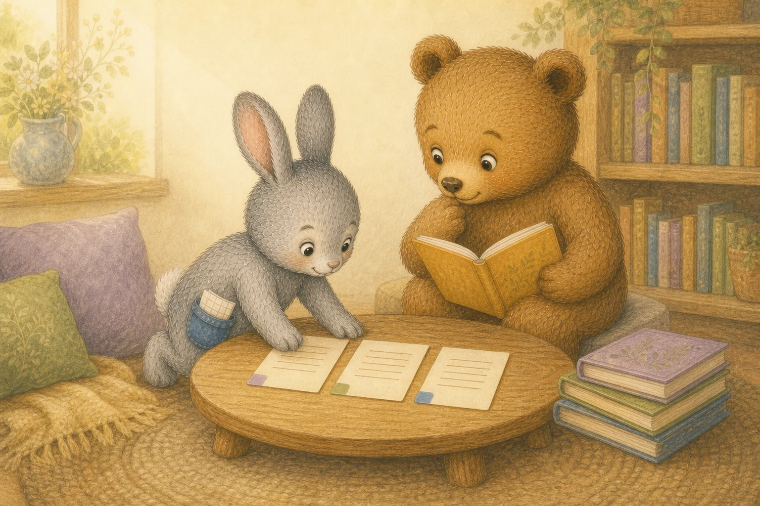 Pip and Ponder compare three matching story cards in a cozy reading nook.